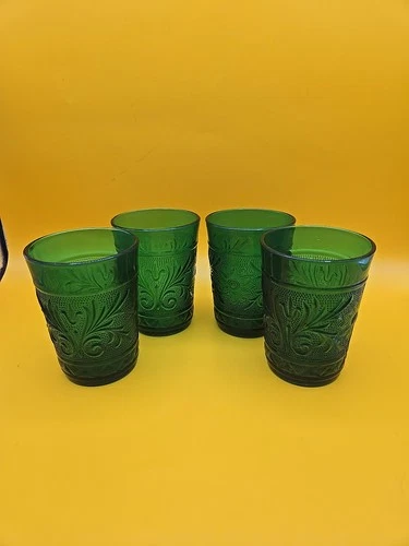 Set of 4 Vtg Anchor Hocking Juice Glasses Forest Green Depression Glass 6oz Exc