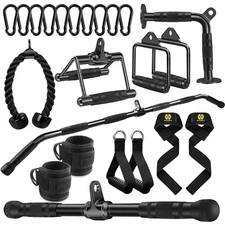 LAT Bar Cable Attachment with Rubber Handgrips, Deluxe Heavy Duty Solid Curl ...