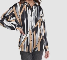 Karl Lagerfeld Paris Women Black Oversized Geo-Printed Satin Button-Front Top XL