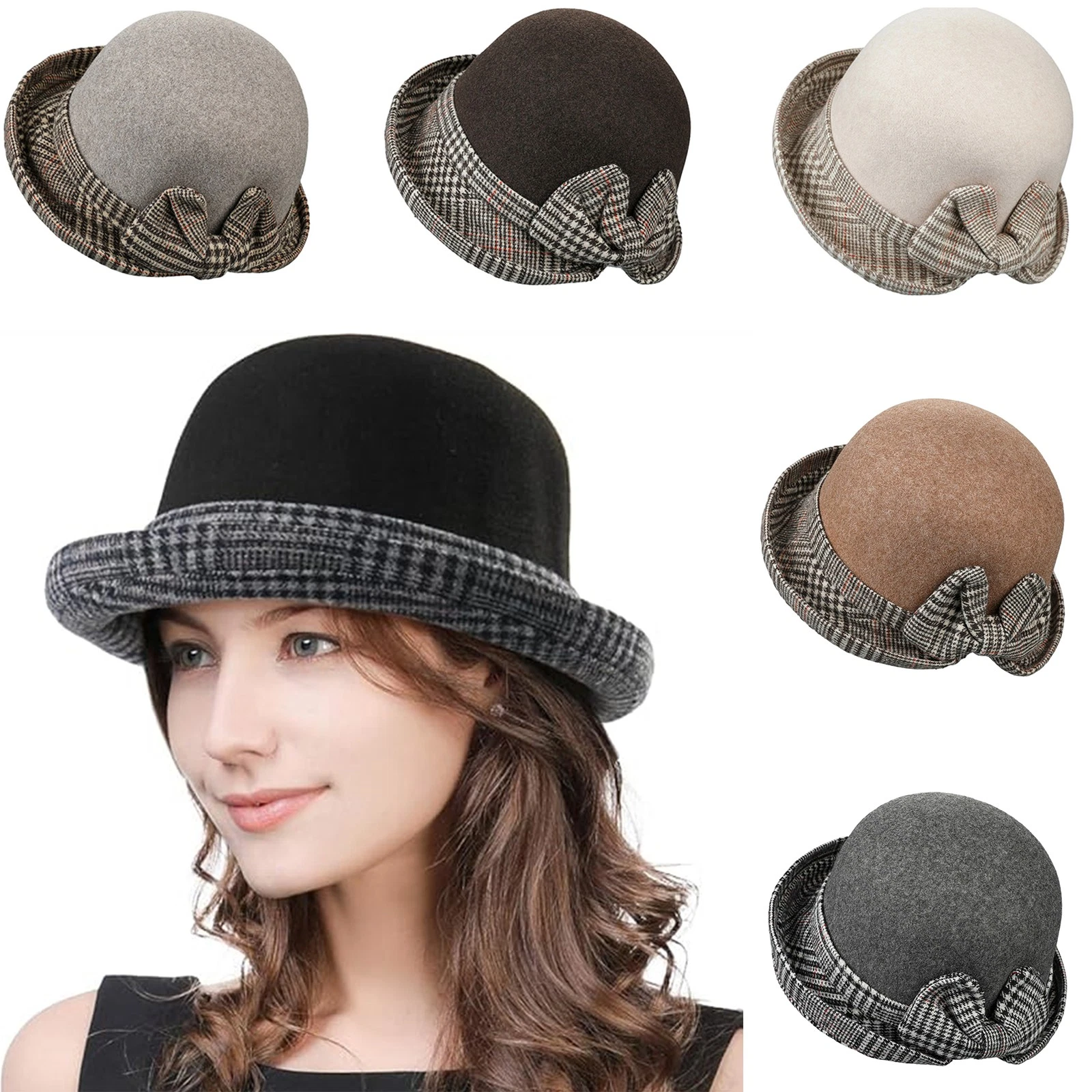 Retro Felt Cloche Bucket Hat Vintage Winter Fedora Hat Bowler Hat for Women Lady
