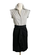 BCBGMAXAZRIA Shirt Dress Womens 4 Black Stripe Ruched Skirt Tie Front Office