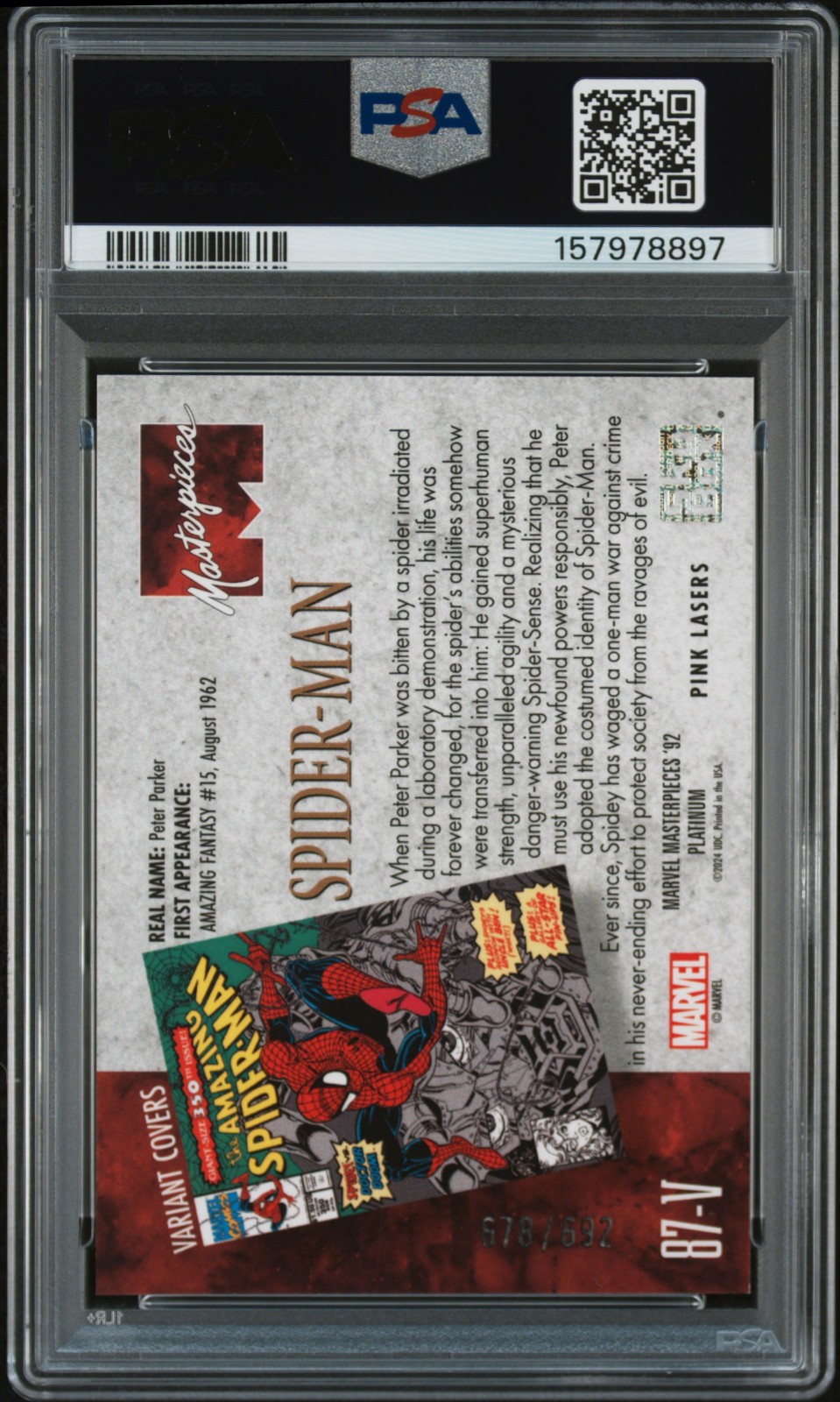 2024 Marvel Masterpieces '92 Platinum PINK LASERS VARIANT #87V Spider-Man PSA 9 view 2