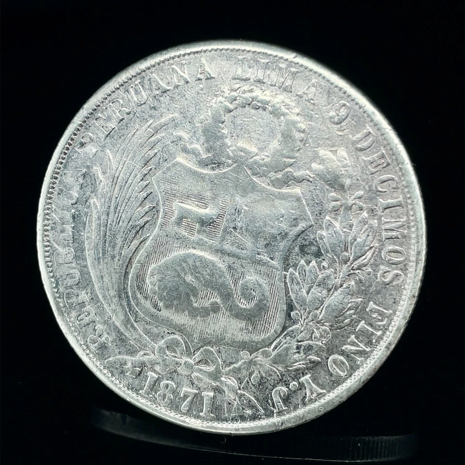 Perú 1871 Y.J Un Sol .900 Plata Soldada - Hecho un bucle para botón KM# 196.3 Foto 3 de 4