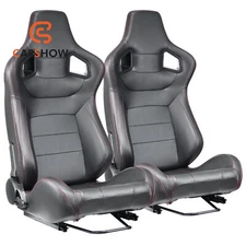 Pair Universal PVC Leather Reclinable Racing Seats w/ Bottom Mount Sliders