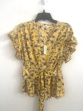 Max Studio Blouse Floral Calico Boho Pheasant Ruffle Fairy Short Sleeve Belted L