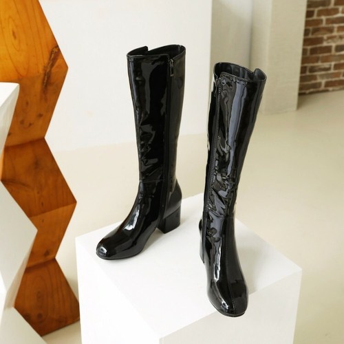 Womens Heels Shoes Round Toe Casual Block Heel Patent Leather Knee High Boots - Picture 2 of 15
