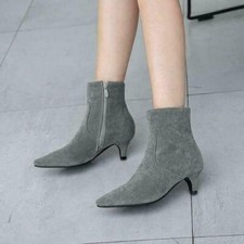 Chic Women Pointy Toe Dress Casual Ankle Boots Kitten Mid Heels Faux Suede Shoes