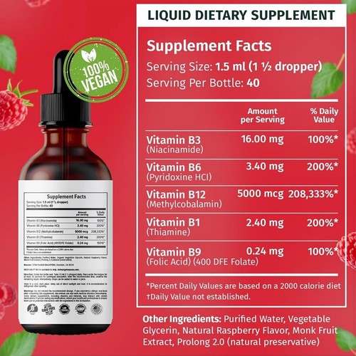 60ML Vitamin B12 Liquid Drops Vitamin B Complex, Vegan B12 Sublingual 5000mcg - Picture 3 of 11