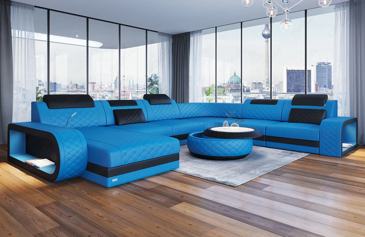 Interior Design XXL Sofa Leather Corner Chesterfield Berlin Blue