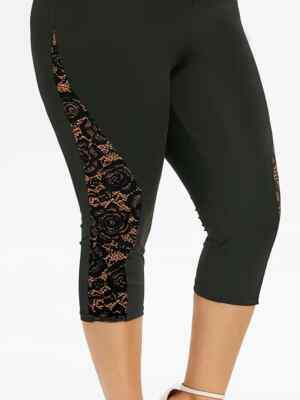 Plus Size Lace Rose Infused Capri's High Waist Stretchy Leggings 1x 2x 3x 4x 5x