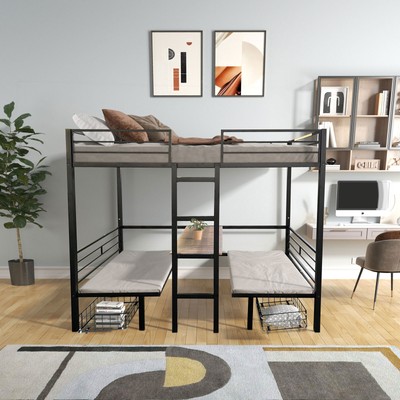 Black Twin Size Loft Bed with Table Sets Transformable to Twin over Twin Bunk