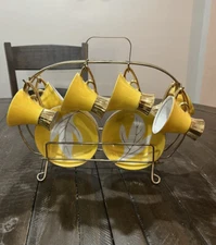 Vintage Napco Tea Set Yellow Gold Rack Leaf Saucer 4ZD-5415 Porcelain Set Of 6