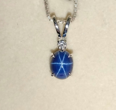 Natural Oval Cut 6 Rays Star Blue Sapphire Gemstone 925 Sterling Silver Necklace