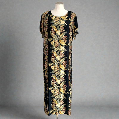 Vintage First Hawaii Maxi Muumuu Dress Size XL Black Gold Floral Fujiette Rayon