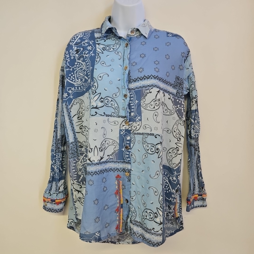 Johnny Was Workshop Blue Patchwork Long Sleeve Bu… - image 1