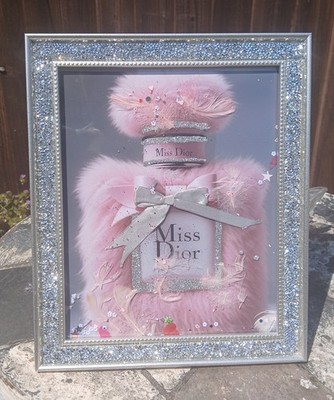 Rosa flauschiges DIAMANT GLITZER BILD SILBER KRISTALL FLÜSSIGE KUNST WANDBEHANG 8x10''