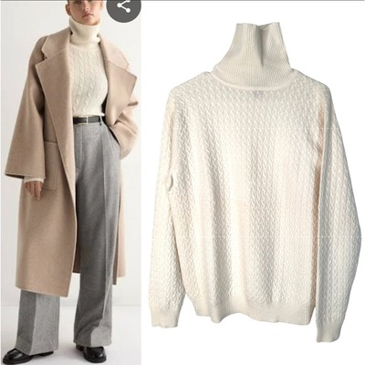 NEW! Kirkland Womans L 100% CASHMERE Cable Knit Turtleneck Sweater Winter White