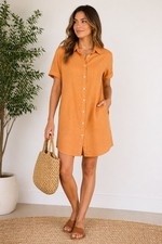 Black Tape Shirt Dress M Orange Linen Blend Button Front Minimalist 21x38