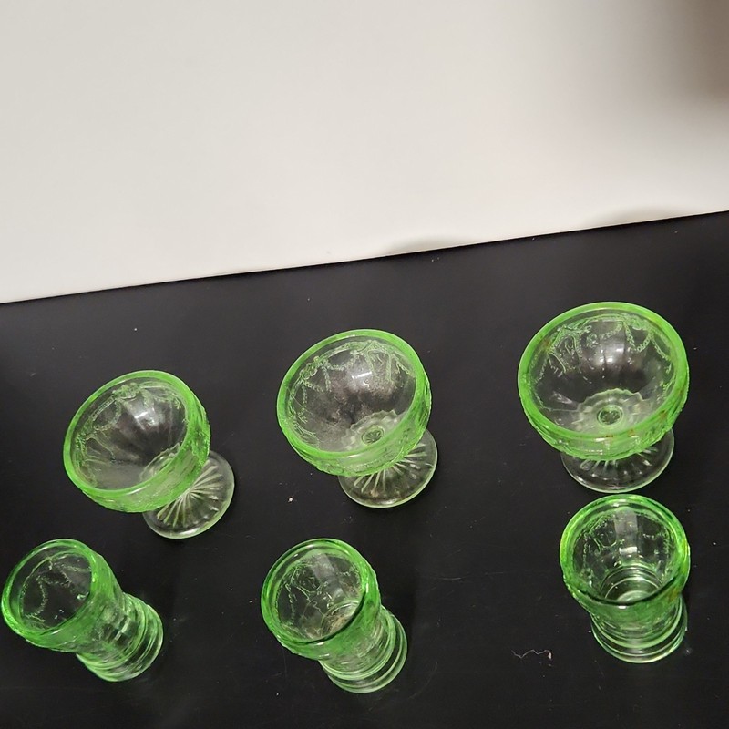 6pc Vintage Green Cameo Ballerina Miniature Toy Glass Lot 3 Sherbets 3 Tumblers