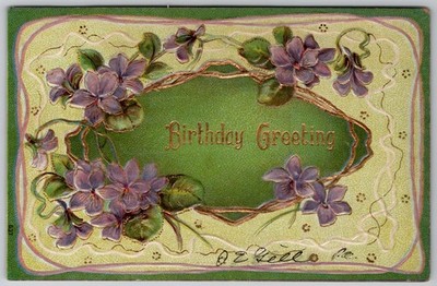 Vintage Embossed Birthday Greeting Postcard Violets Gold Floral Art Nouveau