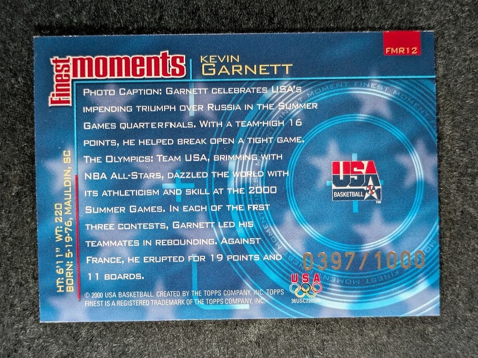 2000-01 Topps Finest KEVIN GARNETT 397/1000 Finest Moments Team USA SP #FMR-12 - Image 2 of 3
