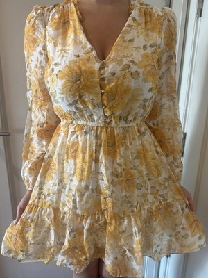 Forever New Yellow Floral Mini Dress AU 8 US 4 EU 36 Belted Long Sleeve