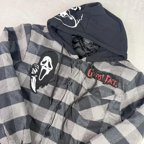 Ghost Face Jacket Mens Medium Gray Black Plaid Hooded Quilted Flannel Halloween - product listing photo