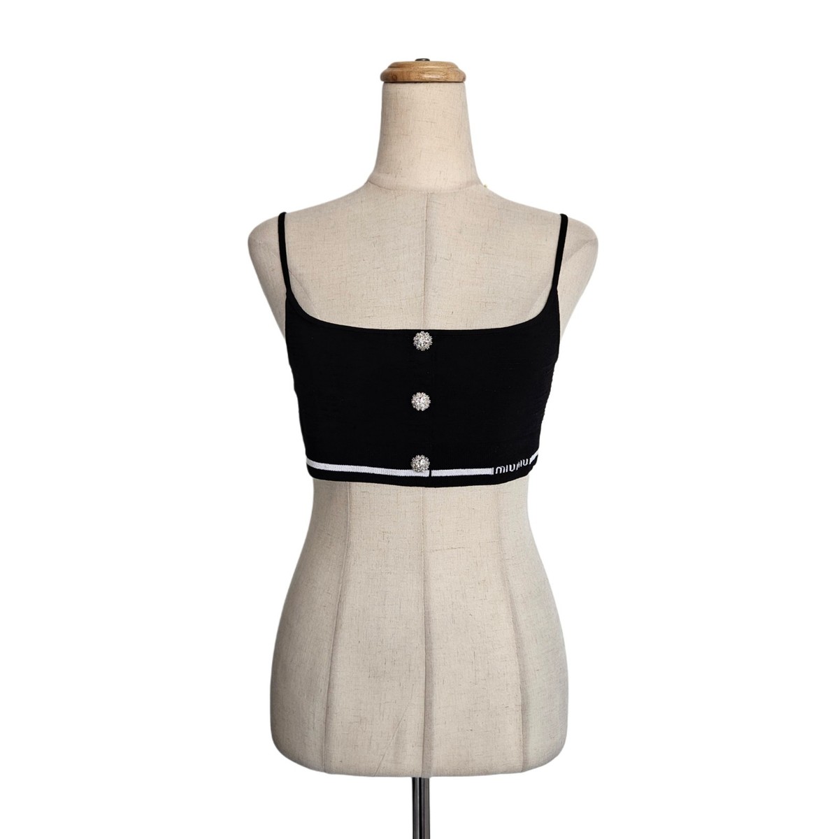 Miu Miu Black Crystal Embellished Button Stretch Knit Crop Top | eBay