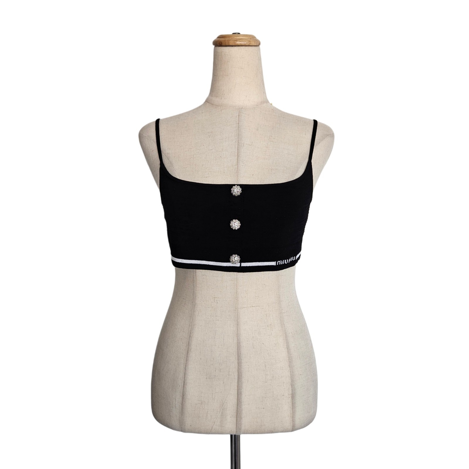 Miu Miu Black Crystal Embellished Button Stretch Knit Crop Top