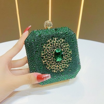 Fashionable Mini Box-Shaped Bag Decorated Dark Green Shiny Rhinestones