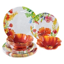 UPware 12 Piece Floral Melamine Dinnerware Sets, Outdoor Dishes Set, Plates a...