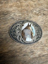 Vintage Silver Tone Raised Horse Head Cameo Western Cowboy Belt Buckle Oval