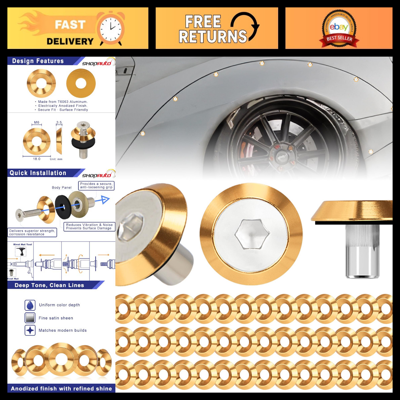 Aluminum Tapered Fender Washer Kit - M6 18mm OD - Gold Finish, Heavy Duty