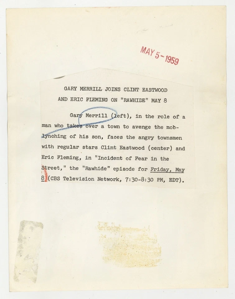 Rawhide 1959 CBS TV Photo w/Credits Clint Eastwood, Eric Flemming Cowboy Western - Image 2 of 2