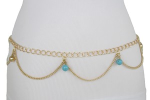 Women Silver Metal Chain Fashion Belt Hip High Waist Blue Flower Charms XS S M