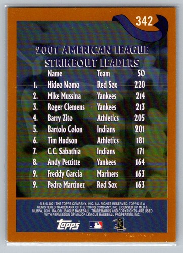 2001 Topps League Leaders Clemens, Nomo, Mussina #342 - Picture 2 of 2