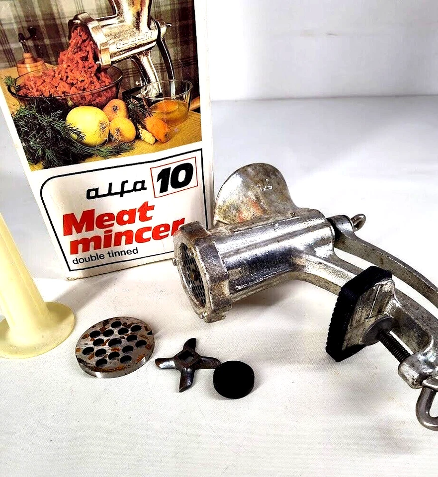 Picadora de carne vintage Alfa 10 doble estañado con caja original Foto 3 de 4