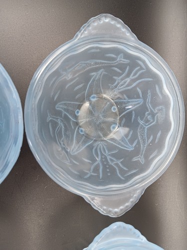1930's WALTHER AND SOHNE "Nymphen" Mermaid & Fish Blue Frosted Glass Set of 5 - Picture 15 of 24