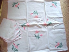 ~ COTTON TABLECLOTH + 4 NAPKINS PICNIC SET White Pink Applique Tulip 31" Sq BNWT