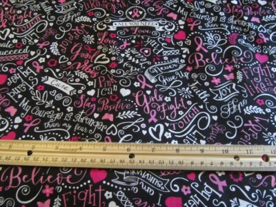 Black Chalkboard Ribbon/Words/Flowers Breast Cancer Awareness Cotton Fabric BTY