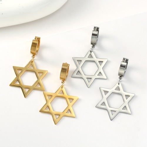 Star of David Pendant Earrings Circle Drop Earring Stainless Steel Clip Vintage - Picture 3 of 11