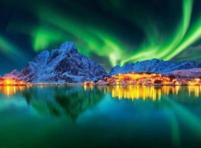 Wandbild: Aurora Borealis über Winterlandschaft - Lofoten - Norwegen (142559373)