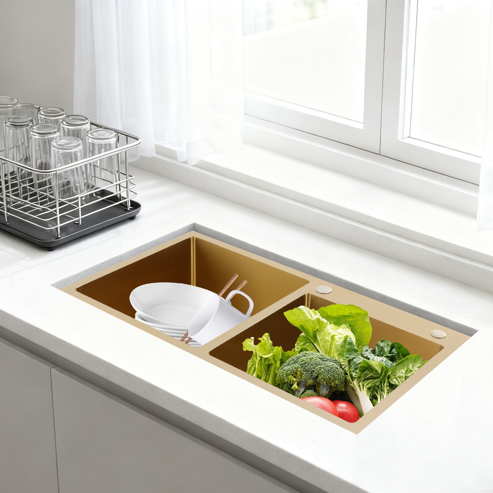 Undermount Workstation Kitchen Sink Double Bowl Stainless Steel Sink Gold