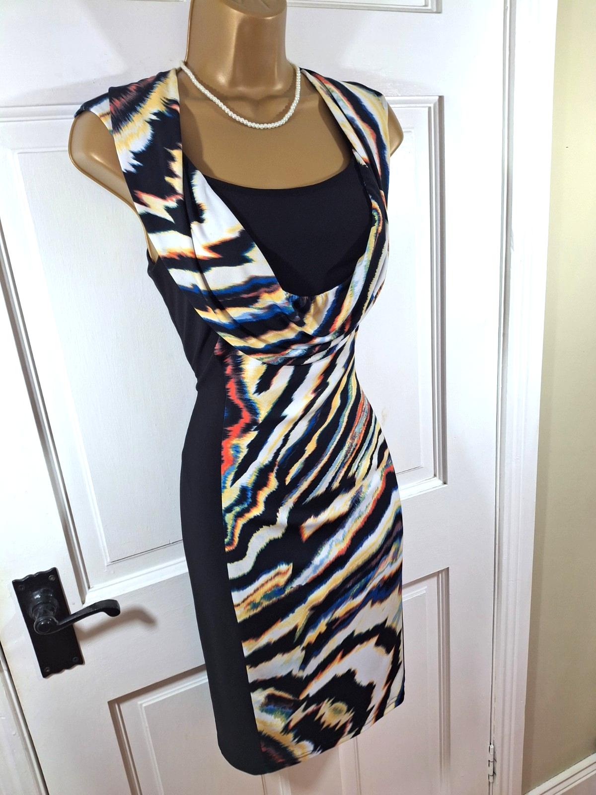 Joseph Ribkoff Black & Multicoloured Patterned Lined Dress, UK 12, Perfect Cond