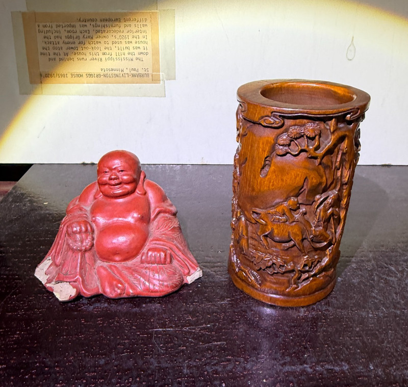 Two Vtg. Chinese Export Wood Brush Pot, Lacquer Buddha