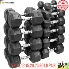 Barbell Rubber Coated Hex Dumbbell Hand Weight Set Avail 5 8 10 12 to 60 lb Pair