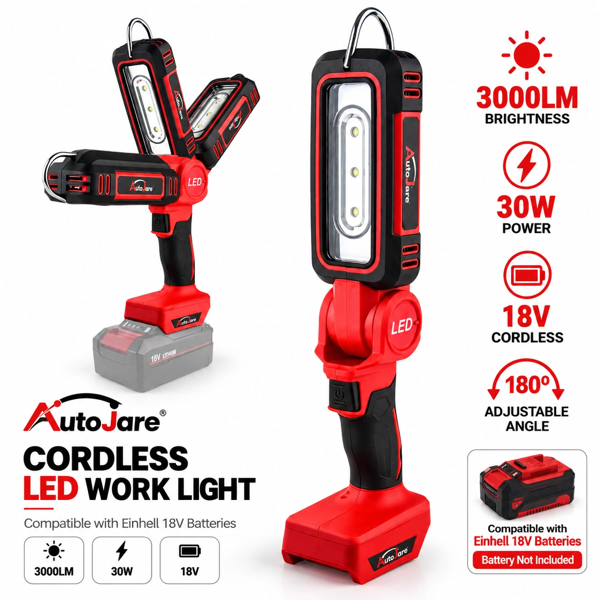 Batería Lámpara de Trabajo para Einhell 18V Batería 3000LM 3 Cabezales de Luz LED,Sin Batería