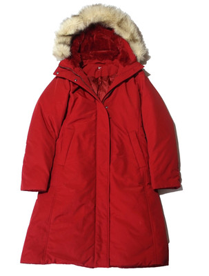 Uniqlo Heavy Fill Warm Tech Down Jacket Red Faux Fur Trim Womens Size S Red