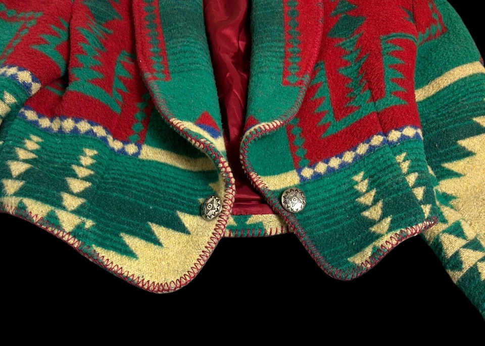 Vintage Circle T Jacket Women's Medium Green Red Concho Cropped Blanket USA 80s - Image 2 of 4