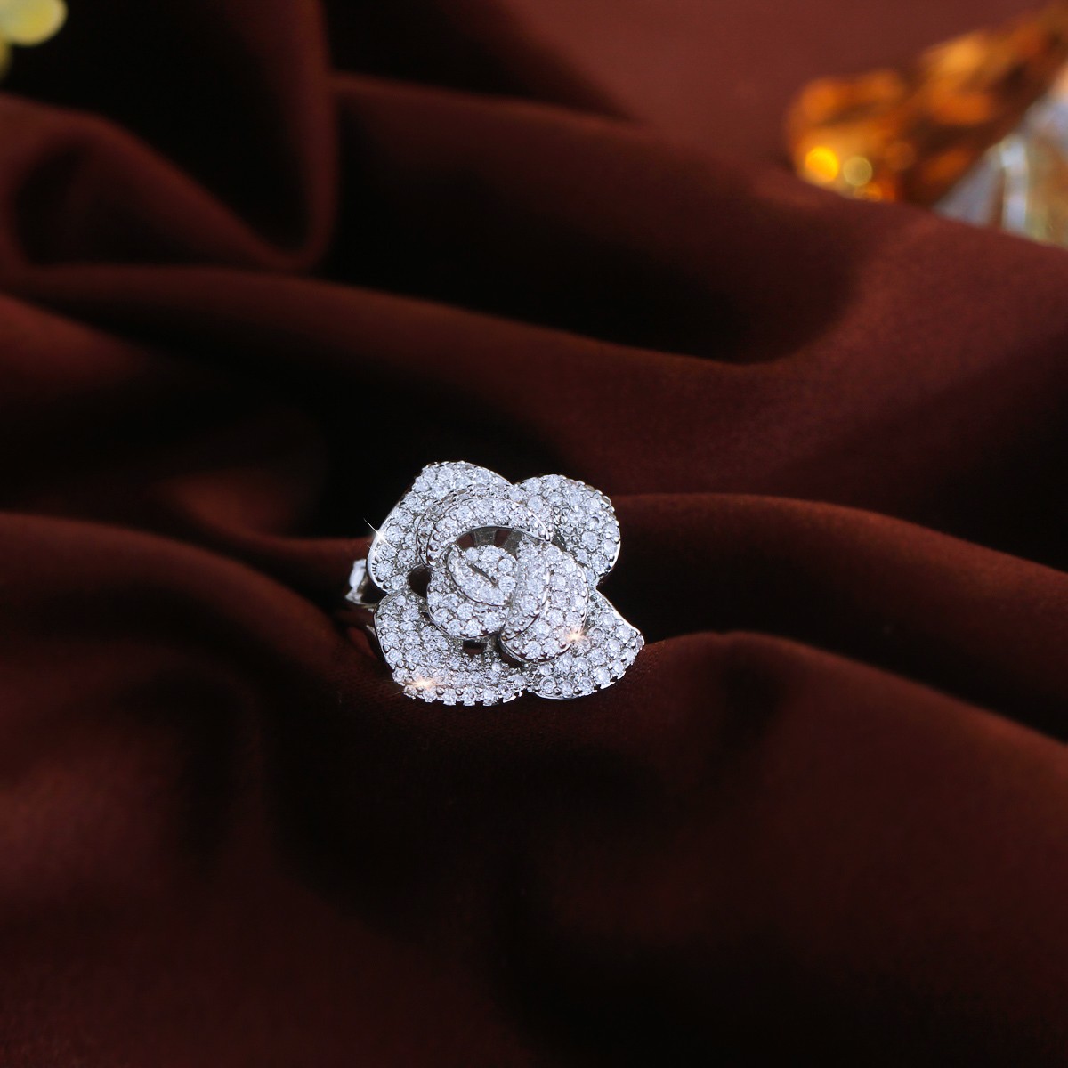 Silver Plated Cubic Zirconia Flower Wedding Ring Adjustable Women Rose Jewelry